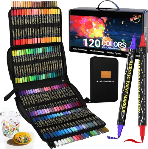Marcadores de pintura acrílica de 120 colores, 124 marcadores acrílicos de doble punta | Fine & Brush Tip No-Shake Paint Pens for Rock Painting,