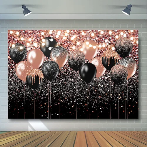 Miniatura 4 de Avezano Telón de fondo con purpurina de oro rosa y negro para cumpleaños, boda, despedida de soltera, fondo de fotografía, globo rosa dorado