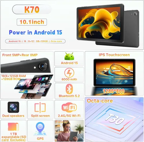 Miniatura 2 de Tablet Android 15, tabletas de 10 pulgadas, 18 GB+128 GB, expansión de 1 TB, tableta Octa-Core compatible con L1 Widevine con WiFi 5, BT5.2