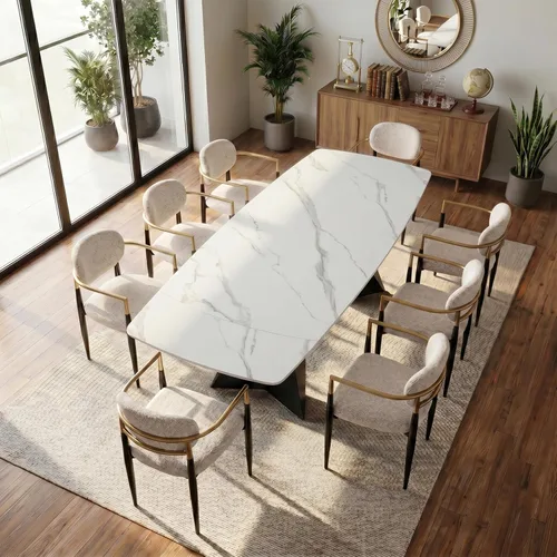 Mesa de comedor extensible con extensión, 65"-95" piedra sinterizada rectangular, superficie con aspecto de mármol, para 6-12 personas, base de