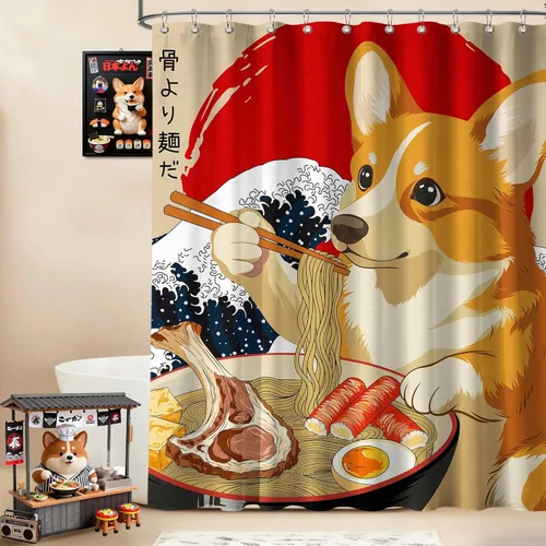 Miniatura 40 de Cortina de ducha estrecha con diseño de gato negro y animé japonés para casa rodante, juegos de decoración de baño, tela impermeable con ganchos, 36