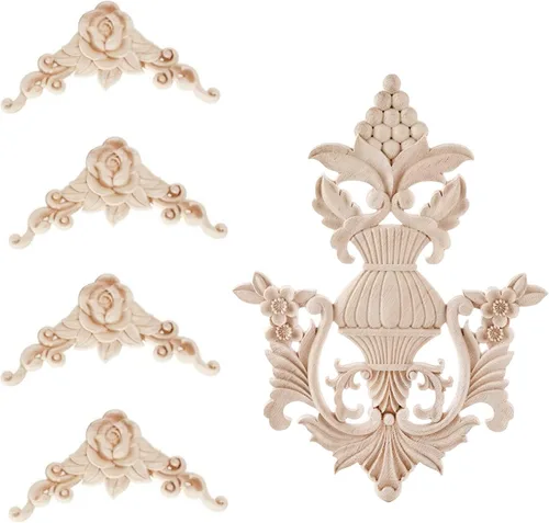 5 piezas de apliques de madera tallada en madera Onlays Onlays DIY tallados muebles apliques Onlays sin pintar centro tallado calcomanía para puerta