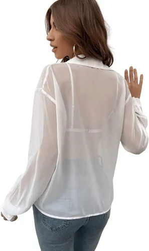 Miniatura 2 de Verdusa Blusa de malla transparente con botones para mujer, manga larga, hombros caídos