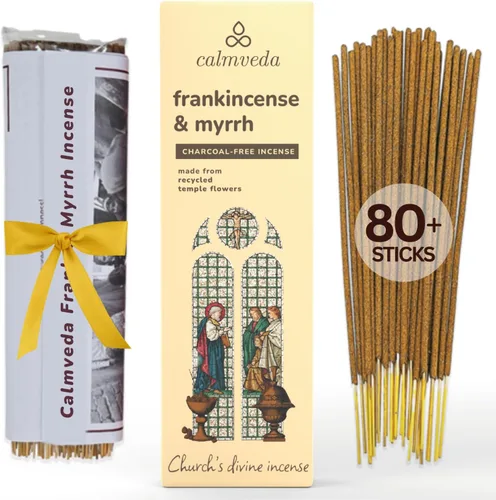 Calmveda Incienso de la iglesia y mirra – 80 varillas, sin carbón, hecho a mano con flores recicladas, incienso curativo espiritual Incienso de
