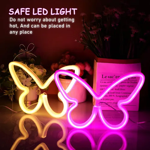 Miniatura 5 de Riakrum 2 piezas de letreros de neón de mariposa con luz LED, alimentado por batería 3AA, operado por USB, luz de neón de pared, decoración