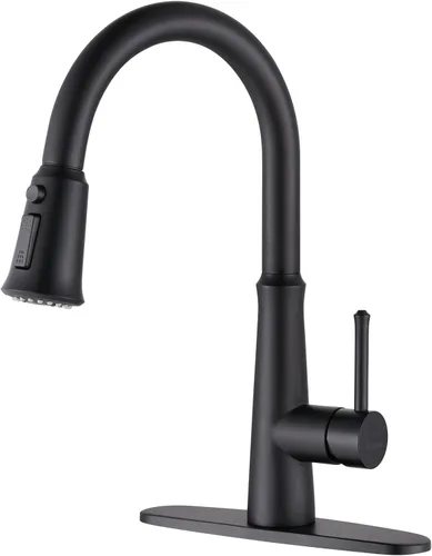 WOWOW Grifos de cocina negro mate con rociador extraíble, grifo de fregadero de cocina de acero inoxidable para fregaderos de 1 o 3 agujeros, grifo