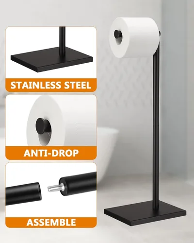 Miniatura 3 de Soporte de papel higiénico independiente para el baño con reserva, soporte de rollo de papel higiénico de acero inoxidable, pedestal negro DECLUTTR