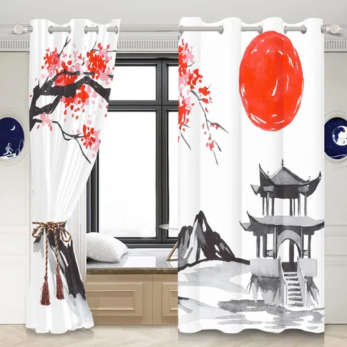 Miniatura 22 de Cortinas japonesas con pintura de tinta, monte Fuji, sol rojo, puesta de sol, hojas de bambú, cortinas de ventana para dormitorio, sala de estar