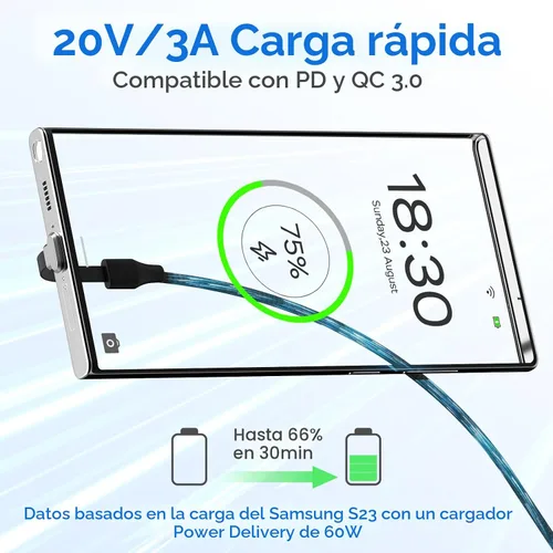 Miniatura 3 de Cable de carga USB C, paquete de 2 cables de carga tipo C de 1 pie y 60 W, puerto C plano de 90 grados, transferencia de datos de alta velocidad