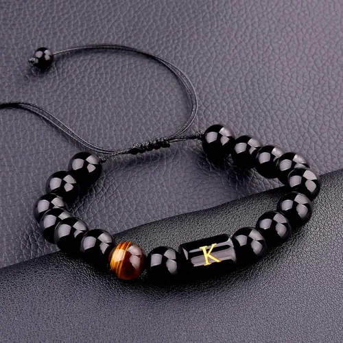 Miniatura 54 de SUMMER LOVE Regalos para el Día del Padre, pulsera con inicial de piedra de ónix negro de 0.394 pulgadas para hombres, pulsera de cuerda trenzada