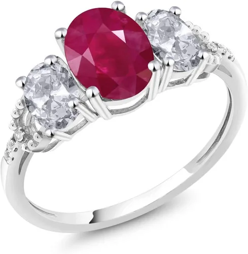 Miniatura 11 de Anillo de compromiso ovalado de oro blanco de 10 quilates con piedra natal y topacio blanco de 3 piedras con detalles de diamante Centro de 0.315