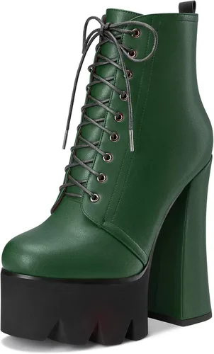Miniatura 5 de HDEUOLM Botas de tobillo con tacón alto de bloque grueso para mujer, puntera redonda, botines cortos con cordones y cremallera, zapatos clásicos