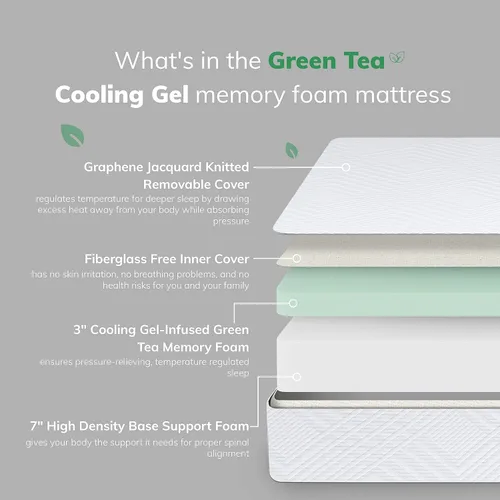 Miniatura 3 de EGO - Colchón de espuma viscoelástica de té verde blanco de 10 pulgadas, cama de gel refrescante en una caja, certificado CertiPUR-US, colchón