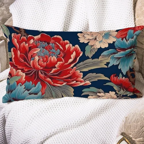Miniatura 2 de Chinoiserie Throw Pillow Case Red Peony Floral Lumbar Pillowcases Asian Style Decorative Pillow Home Cotton Linen 12x18 Rustic Cushion Cover for