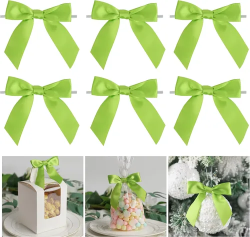 AIMUDI Lazos con Alambre Giratorio para Bolsas de Golosinas 3.5" Lazos de Cinta de Satén Verde Manzana para Manualidades Lazos Prefabricados con