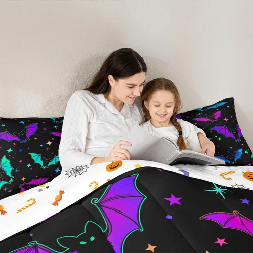 Miniatura 3 de Erosebridal Juego de ropa de cama de murciélago de Halloween, tamaño individual, juego de edredón de estrellas con purpurina y galaxia para niños