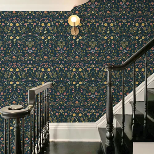 Miniatura 6 de Simon&Siff Papel Tapiz Floral Despegar y Pegar Azul Marino Bohemio Papel de Pared 60" x 17.3" Azul Oscuro Flores Florecientes Flores Silvestres