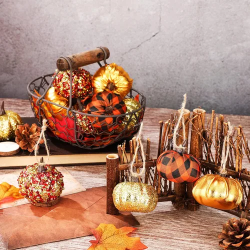 Miniatura 7 de Sotiff 12 adornos para árbol de Acción de Gracias, adornos colgantes de calabaza, bolas de espuma con purpurina, envueltas en tela, pequeñas