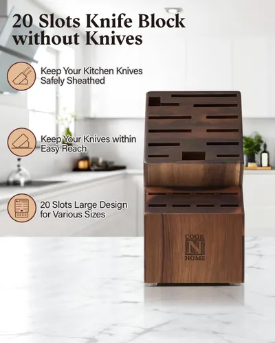 Miniatura 4 de Cook N Home Bloque de almacenamiento de cuchillos de madera de acacia sin cuchillos, 20 ranuras, soporte universal para cuchillos de encimera