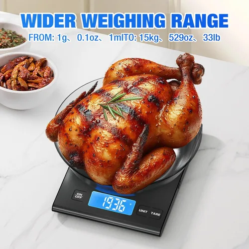 Miniatura 4 de Diyife - Báscula de cocina recargable de acero inoxidable 304, báscula digital de alimentos de 33 libras con pantalla LCD, baterías y carga tipo C
