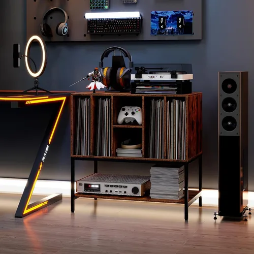 Miniatura 8 de Giantex Soporte para tocadiscos con estación de carga, soporte para tocadiscos con estantes de almacenamiento con capacidad para más de 150 álbumes
