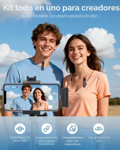 Miniatura 2 de Mini micrófono inalámbrico para iPhone, iPad, Android, paquete de 2 micrófonos Lavalier con clip giratorio de 360°, micrófono USB-C con reducción