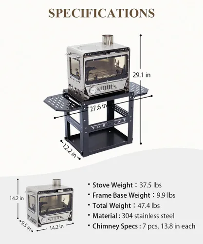 Miniatura 7 de TOMOUNT Estufa de tienda caliente,Estufa de leña con base de marco,con 7 tubos de chimenea,Acero inoxidable 304 con ventana de vidrio resistente al