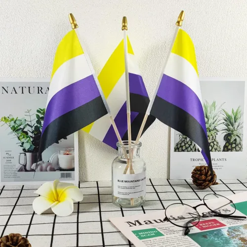 Miniatura 5 de Newperlite Nonbinary NB Pride Stick - Banderas pequeñas de mano LGBT - Poste de madera maciza y parte superior de lanza, paquete de 12, 5 x 8