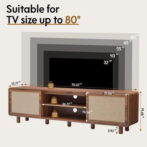 Miniatura 3 de Soporte de TV grande para televisores de hasta 80 pulgadas, centro de entretenimiento moderno de mediados de siglo con almacenamiento y puerta