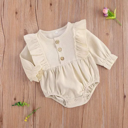 Miniatura 3 de Ropa de bebé niña sólida con volantes de manga larga mameluco de una pieza para otoño e invierno