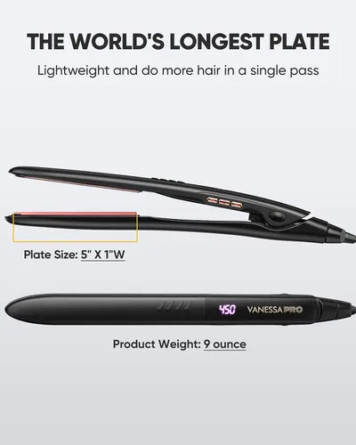 Miniatura 9 de VANESSA PRO Plancha plana para el cabello, plancha plana de titanio 100% puro para una pasada para lograr un aspecto elegante, se riza