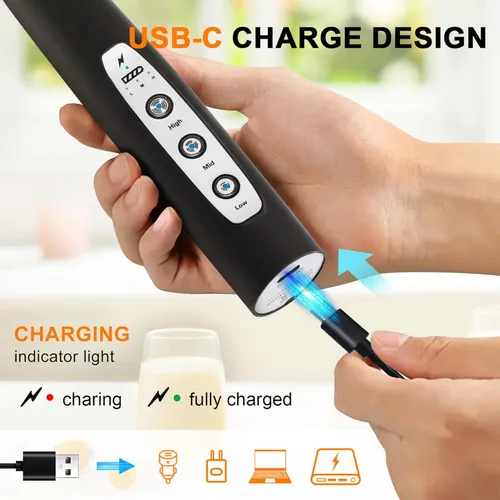 Miniatura 2 de YUSWKO - Espumador de leche recargable USB de mano con 3 cabezas, mini mezclador de bebidas con 3 velocidades para latte, cappuccino, chocolate Negro