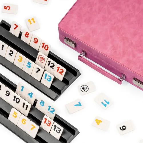 Miniatura 10 de Juego de Rummy, 2 a 4 jugadores con 106 fichas y 4 bastidores, juego de viaje Rummy con funda de piel sintética, divertidos juegos de mesa clásicos