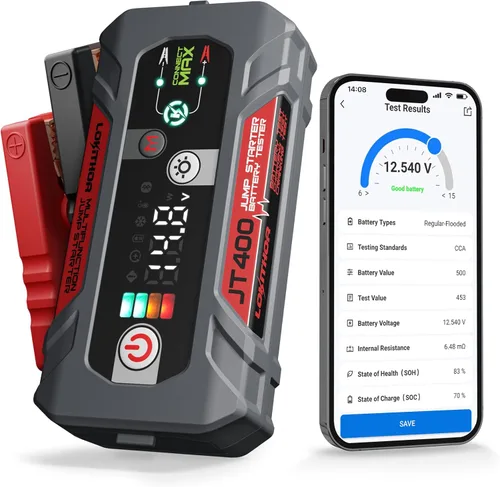 LOKITHOR JT400 2500A arrancador portátil con probador de batería de 100 a 2000 CCA, arrancador de batería de coche de 12 V para motores de gasolina