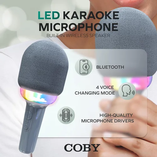Miniatura 2 de Coby Micrófono LED para karaoke, micrófono inalámbrico con 5 modos de luz y 4 modos de cambio de voz, altavoz Bluetooth compatible con smartphone