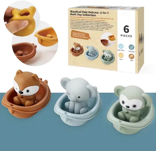 Miniatura 2 de Juguete de baño para bebé, apilable, juguetes de bañera para bebés, flotante, tren de barco con marionetas de dedo de animales, juguete de baño