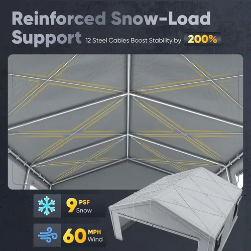Miniatura 4 de Quictent Cochera resistente para 2 autos de 20 x 20 pies, refugio de almacenamiento impermeable con puertas laterales con cremallera, cables de Gris