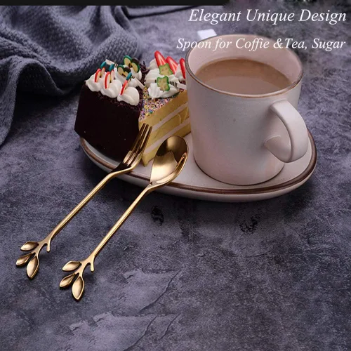 Miniatura 3 de Gold Leaf - Cuchara de café expreso para aperitivo, tenedor de postre, helado para té, azúcar, tenedor para pastel de frutas, acero inoxidable