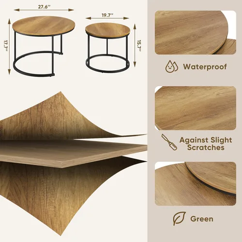 Miniatura 2 de Smuxee - Juego de 2 mesas de café anidadas, mesa de café redonda de 27.6" con tapa de grano de madera y patas ajustables antideslizantes, mesa Marrón