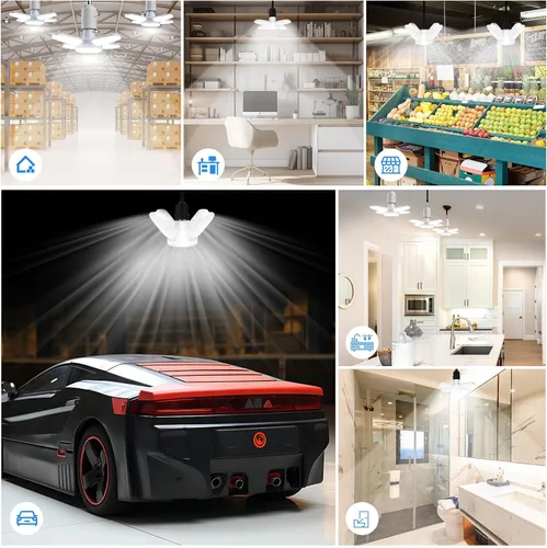 Miniatura 7 de Paquete de 2 bombillas LED de garaje, mini luces LED de techo de garaje de 50 W, 4 paneles ajustables, bombilla LED de garaje de 5000 lúmenes, luz