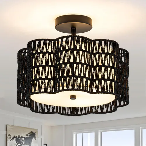 ✿ Lámpara de Techo de Ratán Tejido a Mano de 13.8" con 3 Luces | Montaje Empotrado Boho Negro para Dormitorio Pequeño y Guardería, Luz de Techo
