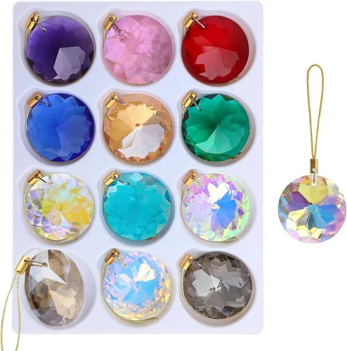 12 piezas de adornos de bolas de Navidad de cristal de vidrio, 1.18" mini redondas prisma de flores, adorno para colgar para árbol de Navidad,