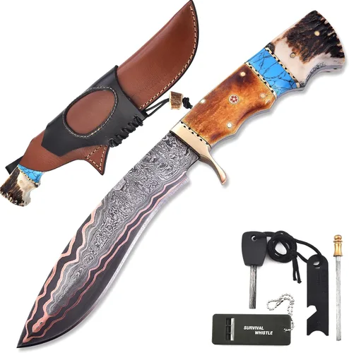 KIMPE Cuchillo de caza de hoja fija. (Copper Damasco y Crown Stag)
