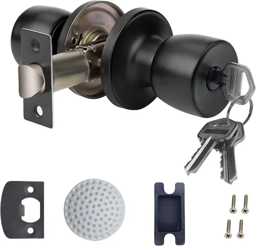 Pomo de puerta con llave, color negro mate, redondo, pomo de puerta de paso, bloqueo de privacidad, perilla de puerta interior/exterior, cerradura