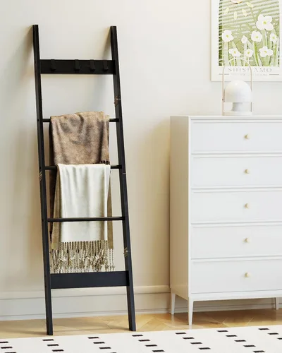 Miniatura 3 de Hzuaneri Escalera para manta para sala de estar, estante decorativo para edredón con 4 ganchos extraíbles, 5 niveles de soporte de escalera de Negro