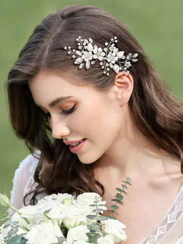 Miniatura 8 de SWEETV Peine de pelo de novia plateado para accesorios de cabello de boda, hecho a mano con cristales, perlas y hojas, 4.72 x 2.75 pulgadas