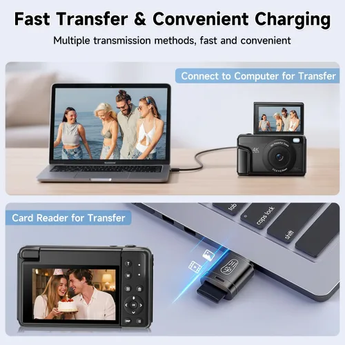 Miniatura 6 de Cámara digital 4K para fotografía y videoblogs de 64 megapíxeles para YouTube con pantalla giratoria de 3" 180°, cámara compacta de viaje