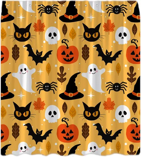Miniatura 8 de Cortina de ducha azul de Halloween, linda cortina de baño de fantasma, terror, calabaza, espeluznante, gato negro, calavera aterradora, murciélago