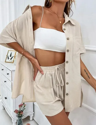 Miniatura 3 de JovenPara Conjunto corto casual de lino y algodón para mujer, conjunto de 2 piezas, camisa de media manga y cintura alta con cordón1
