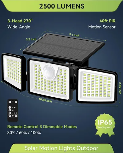 Miniatura 2 de daphino 2500 lm Luces solares para exteriores con sensor de movimiento, luces de calle de 3 cabezales con ángulo amplio de 270°, iluminación